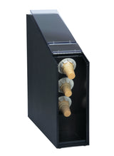 A countertop ice cream cone dispenser made of black polystyrene with a transparent flip-top lid is shown. Three rows of cones are stacked horizontally inside, cone tips facing outward for easy dispensing. The bottom section is empty.