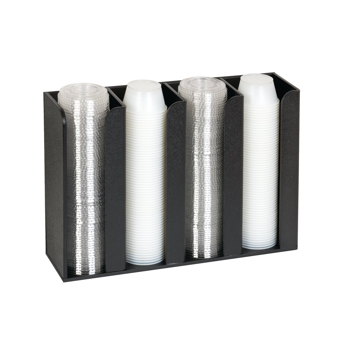 A black rectangular countertop organizer holds four vertical stacks of disposable cups: two stacks of clear plastic cups and two stacks of white plastic cups, each separated by individual slots. The dispenser is shown from the front against a white background.