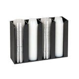 A black rectangular countertop organizer holds four vertical stacks of disposable cups: two stacks of clear plastic cups and two stacks of white plastic cups, each separated by individual slots. The dispenser is shown from the front against a white background.