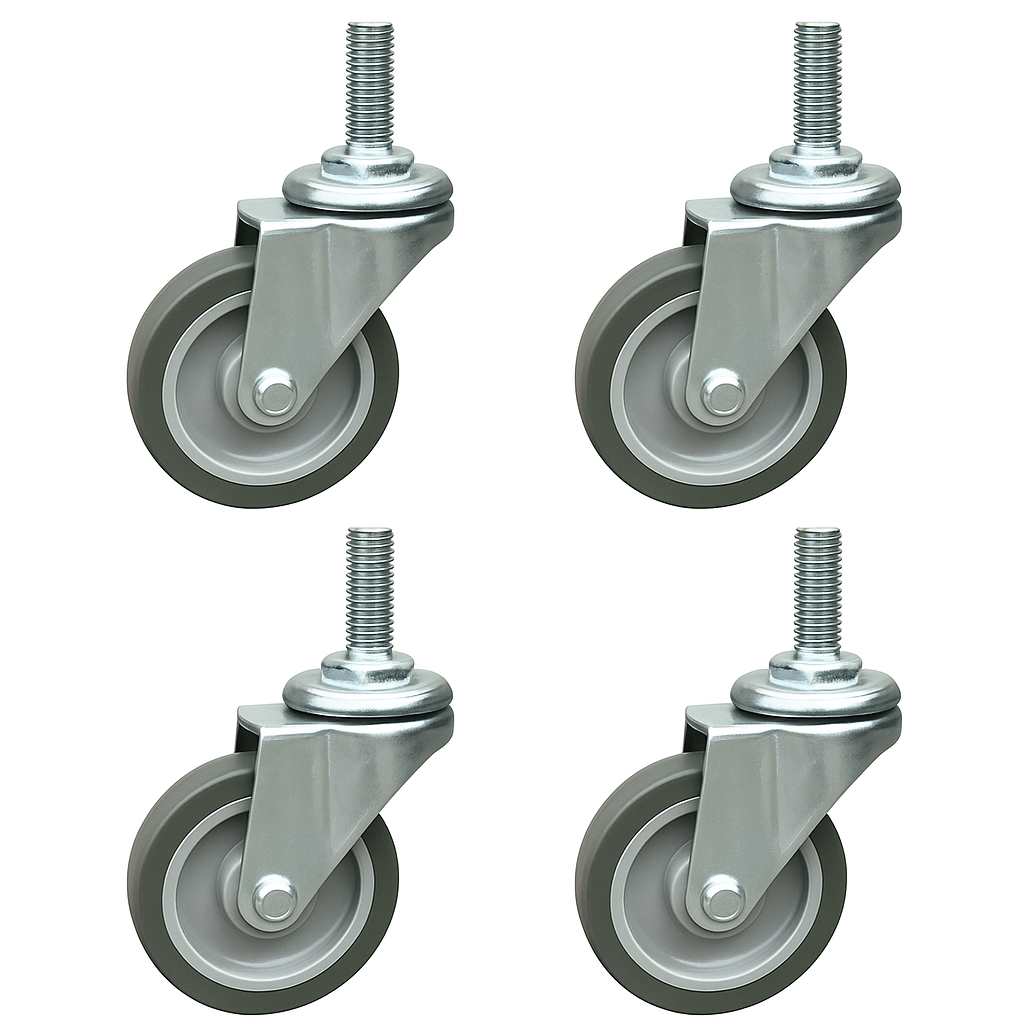 Four identical gray thermoplastic rubber casters with metal mounting plates and threaded stems are arranged in a square pattern. Each wheel, part of the Crusader Thin Container Mobile Kit, offers a 250 lb. load capacity and features sturdy gray rubber tires.