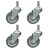 Four identical gray thermoplastic rubber casters with metal mounting plates and threaded stems are arranged in a square pattern. Each wheel, part of the Crusader Thin Container Mobile Kit, offers a 250 lb. load capacity and features sturdy gray rubber tires.