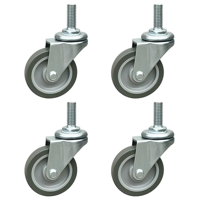 Four identical gray thermoplastic rubber casters with metal mounting plates and threaded stems are arranged in a square pattern. Each wheel, part of the Crusader Thin Container Mobile Kit, offers a 250 lb. load capacity and features sturdy gray rubber tires.