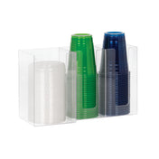 Clear acrylic organizer holds three stacks of disposable cups—transparent/white, green, and dark blue—in separate compartments. This Dispense-Rite lid/cup organizer keeps cups neatly nested and ready for use.