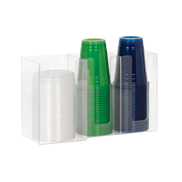 Clear acrylic organizer holds three stacks of disposable cups—transparent/white, green, and dark blue—in separate compartments. This Dispense-Rite lid/cup organizer keeps cups neatly nested and ready for use.