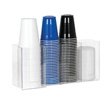 Three clear acrylic organizers hold stacks of disposable cups: white on the left, blue in the middle, black with white rims to the right, and short clear cups in the rightmost section—all arranged upright for easy dispensing.