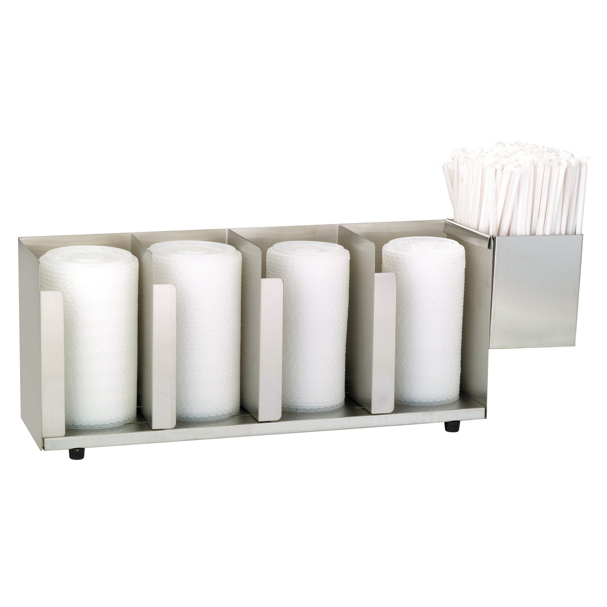 A stainless steel Lid/Cup Organizer features four vertical, adjustable compartments for white disposable cups and a fifth smaller side section for wrapped plastic straws. This rectangular dispenser has dividers between each compartment.