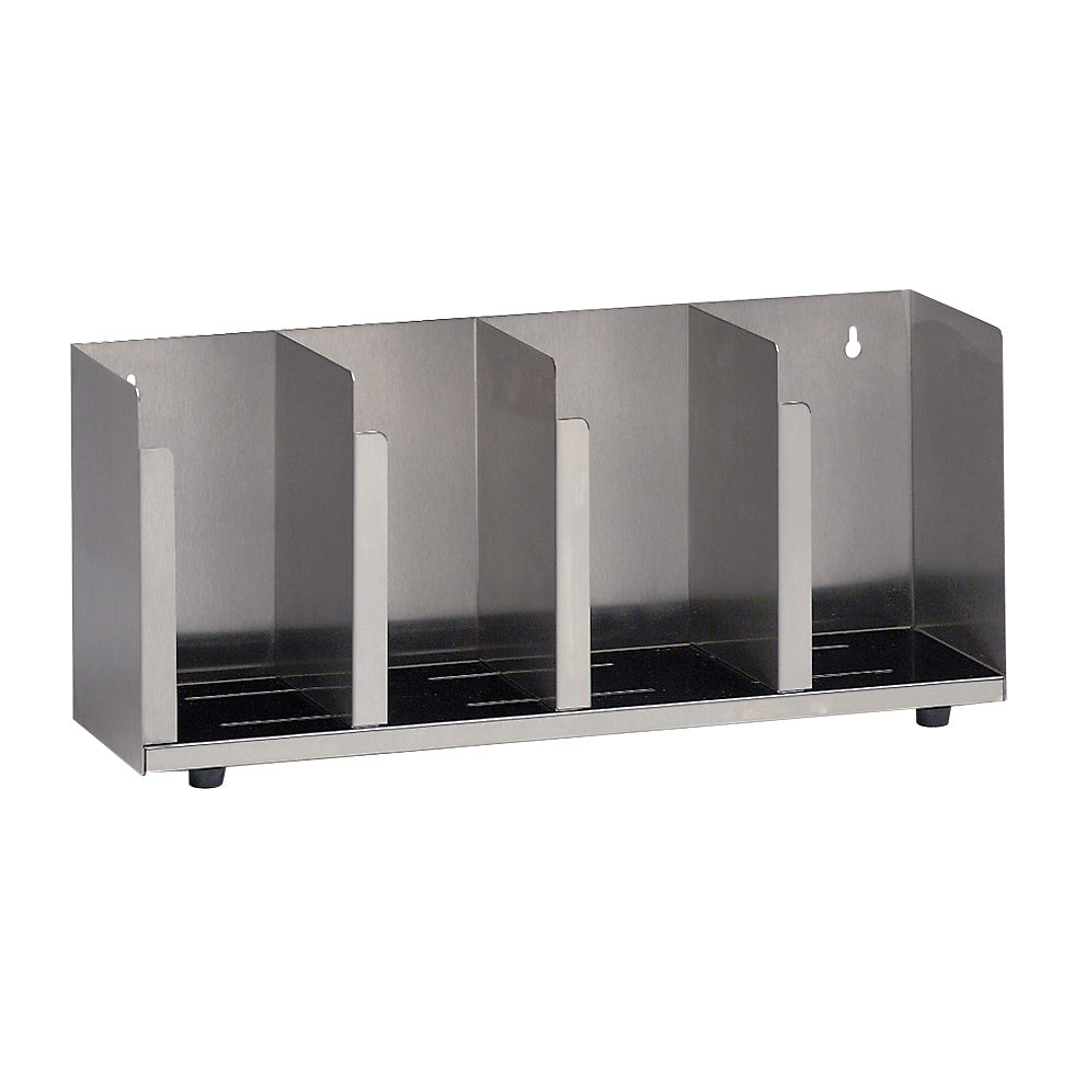 This stainless steel Lid/Cup Organizer features four vertical slots for trays or similar items. Its adjustable design, industrial look, and perforated base with black feet make it both stylish and practical for any countertop.