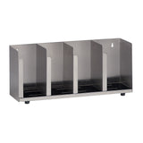 This stainless steel Lid/Cup Organizer features four vertical slots for trays or similar items. Its adjustable design, industrial look, and perforated base with black feet make it both stylish and practical for any countertop.
