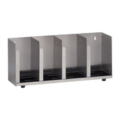 This stainless steel Lid/Cup Organizer features four vertical slots for trays or similar items. Its adjustable design, industrial look, and perforated base with black feet make it both stylish and practical for any countertop.