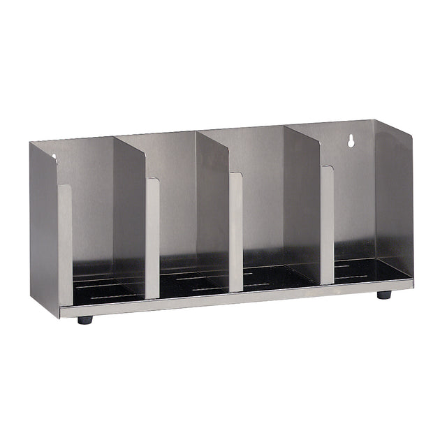 This stainless steel Lid/Cup Organizer features four vertical slots for trays or similar items. Its adjustable design, industrial look, and perforated base with black feet make it both stylish and practical for any countertop.