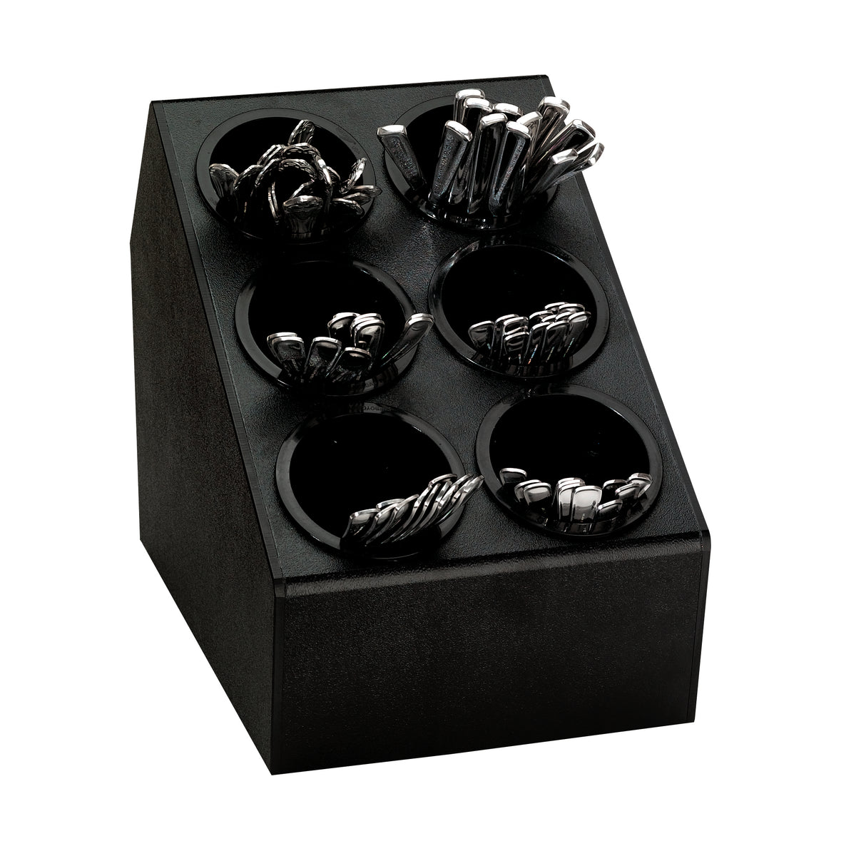 A black, angled silverware organizer sits on the countertop, featuring six round compartments filled with neatly organized metal utensils—forks, knives, and spoons—standing upright and separated by type for convenient access.
