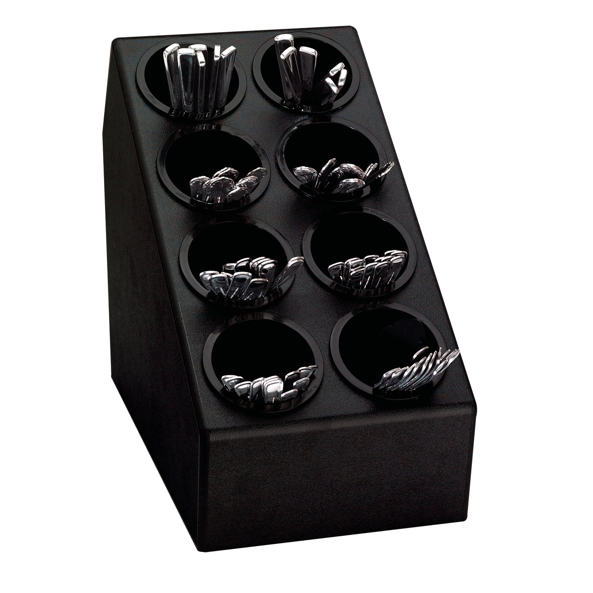 A black angled silverware organizer for your countertop, featuring eight round compartments, each holding shiny metal utensils like forks, knives, and spoons. The utensils stand upright in the circular slots against a plain white background.