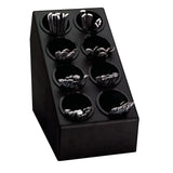 A black angled silverware organizer for your countertop, featuring eight round compartments, each holding shiny metal utensils like forks, knives, and spoons. The utensils stand upright in the circular slots against a plain white background.