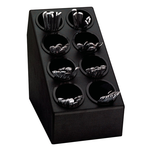 A black angled silverware organizer for your countertop, featuring eight round compartments, each holding shiny metal utensils like forks, knives, and spoons. The utensils stand upright in the circular slots against a plain white background.