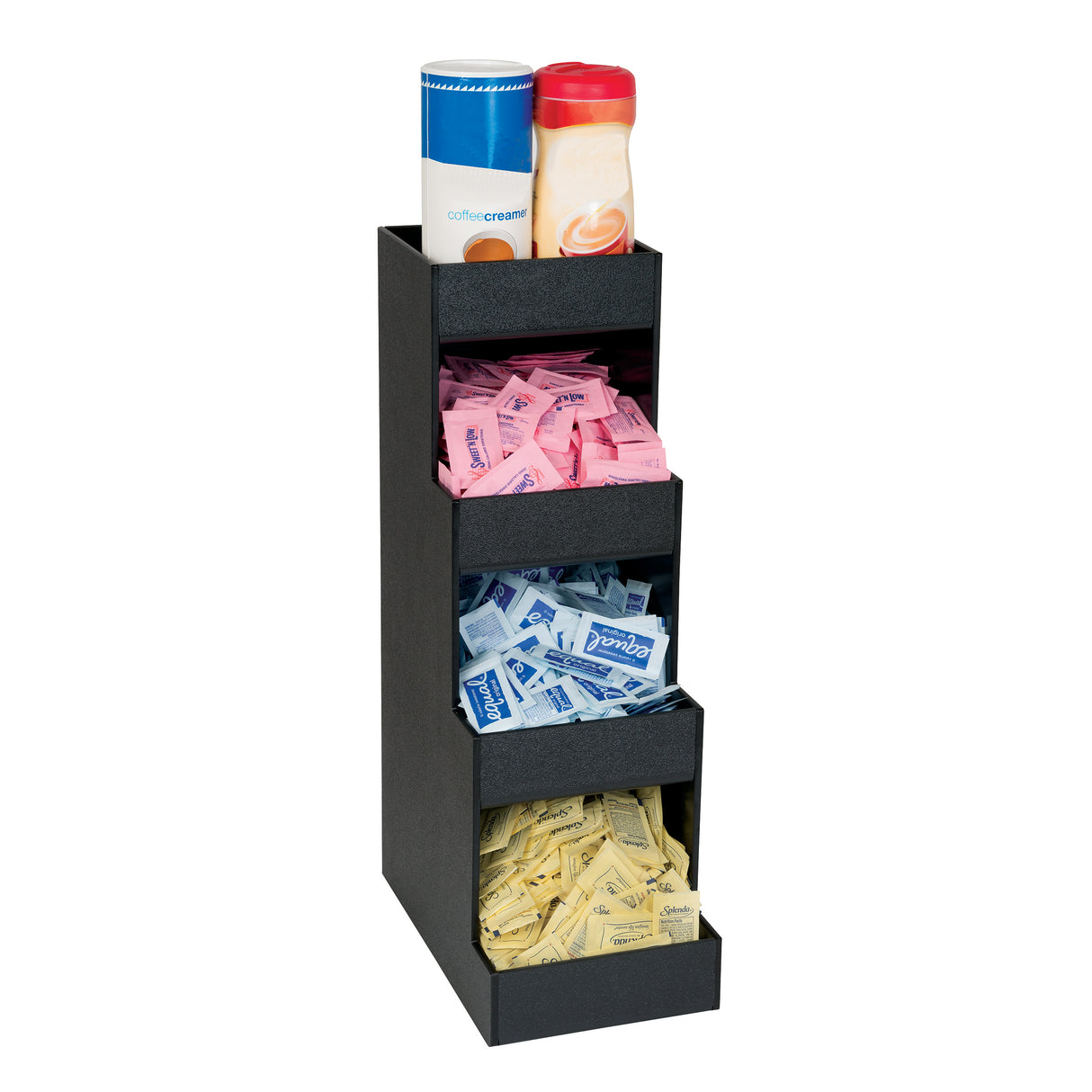 A black condiment organizer with 4 compartments is perfect for your countertop. It holds pink SweetN Low, blue Equal, yellow Splenda packets, and features two containers—one powdered and one liquid coffee creamer—on the top shelf.