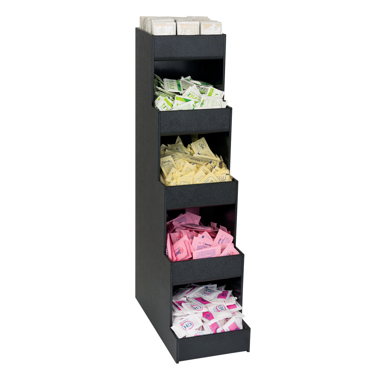 A black, tiered condiment organizer—like the Dispense-Rite CTVH-5BT—holds individually packaged items in angled compartments, acting as a sleek vertical countertop organizer for sugar and sweetener varieties.