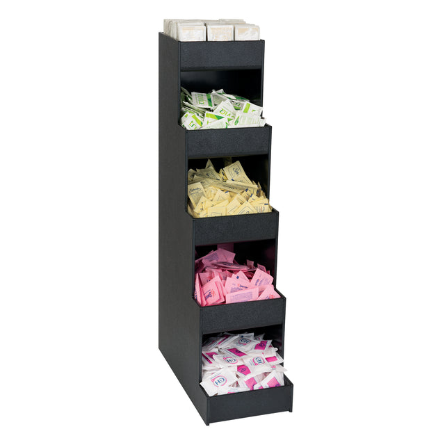 A black, tiered condiment organizer—like the Dispense-Rite CTVH-5BT—holds individually packaged items in angled compartments, acting as a sleek vertical countertop organizer for sugar and sweetener varieties.