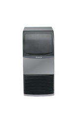 A front view of a Scotsman ice maker shows a black top panel, silver middle section with branding, and a black vented grille at the bottom. This undercounter ice maker is set against a plain white background.