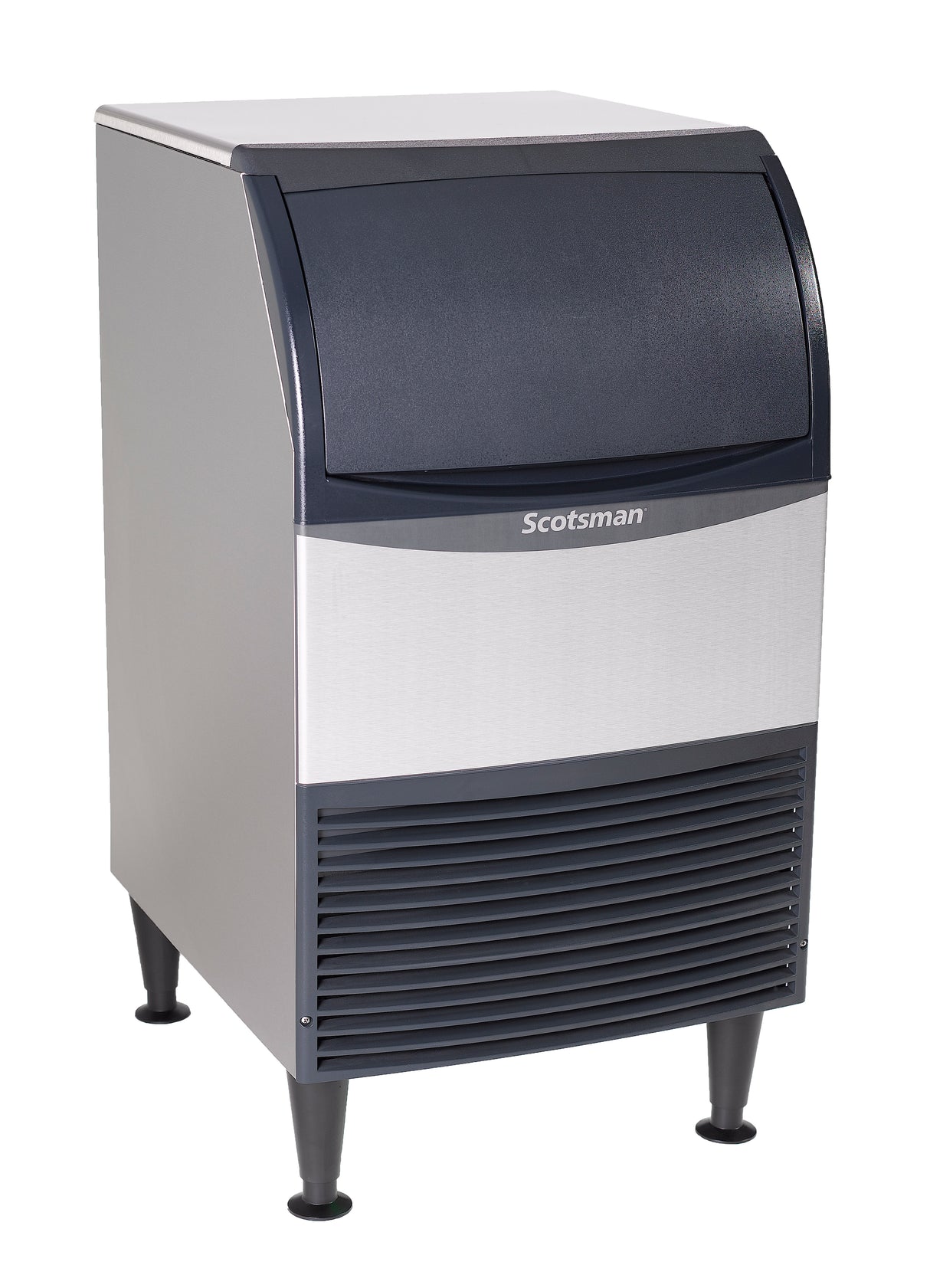 A stainless steel undercounter ice maker with bin, featuring a dark top lid, front vent, and four black legs. Its modern rectangular design and visible Scotsman brand name stand out against the white background.