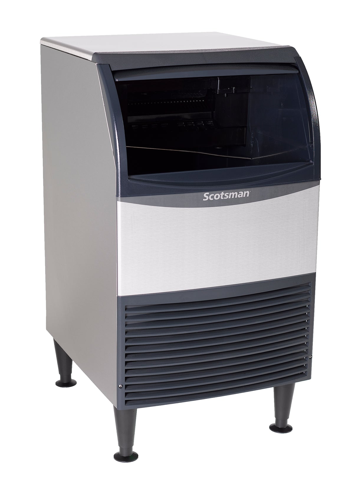 A freestanding silver and black undercounter ice maker with a bin, featuring a front louvered vent, black legs, and a dark translucent lid for easy access. The machine offers a modern, industrial design for efficient ice production.