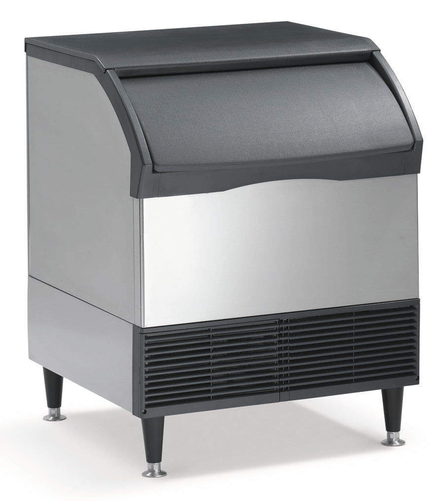 A commercial undercounter ice maker with a stainless steel body, black top, and black front panel. It features a large, curved door for accessing ice and four sturdy legs. The air-cooled ice maker has ventilation slats at the front bottom section.