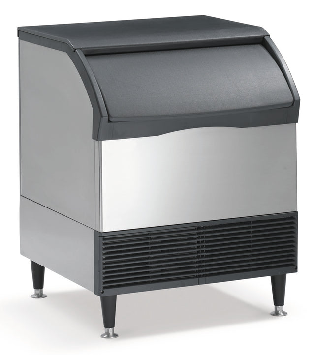 A commercial undercounter ice maker with a stainless steel body, black top, and black front panel. It features a large, curved door for accessing ice and four sturdy legs. The air-cooled ice maker has ventilation slats at the front bottom section.
