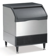 A modern, functional undercounter ice maker with a stainless steel body, black top and sides, front ventilation grill, and four short legs. Its large curved lid gives easy access to the ice bin in this efficient air-cooled ice machine.