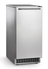 A tall, slim Scotsman ice maker with a front handle and bottom ventilation grille boasts a minimalist design and smooth metallic finish. This undercounter ice maker stands upright on small legs against a plain white background.