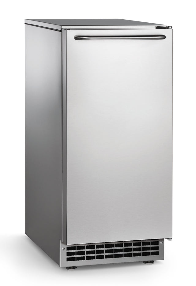 A tall, slim Scotsman ice maker with a front handle and bottom ventilation grille boasts a minimalist design and smooth metallic finish. This undercounter ice maker stands upright on small legs against a plain white background.
