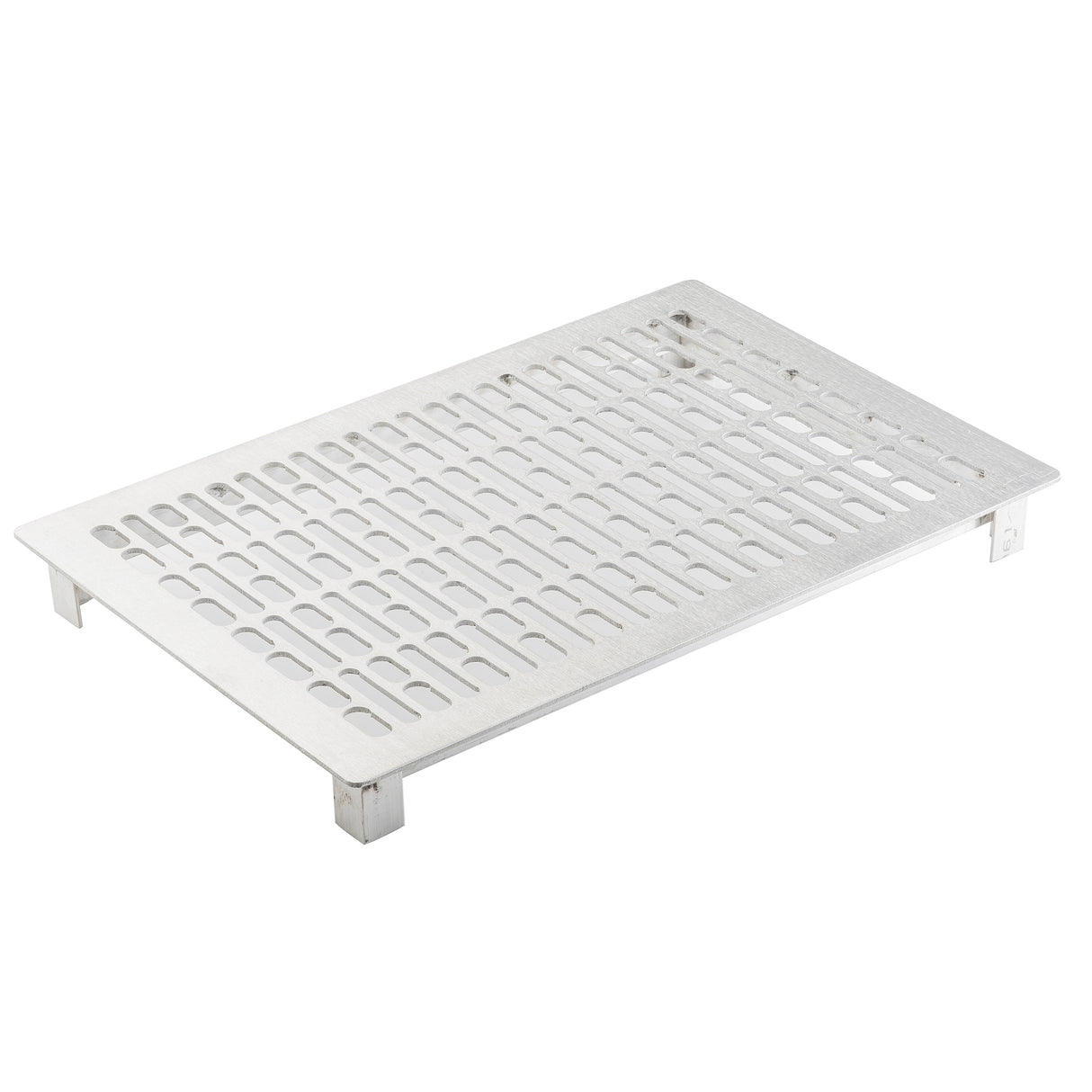 A silver, rectangular stainless steel rack with evenly spaced, rounded rectangular slots and four short legs at each corner. The rack is angled slightly, showing its flat surface and perforated cold food template design against a plain white background.