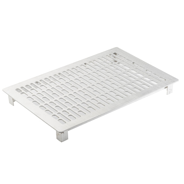A silver, rectangular stainless steel rack with evenly spaced, rounded rectangular slots and four short legs at each corner. The rack is angled slightly, showing its flat surface and perforated cold food template design against a plain white background.