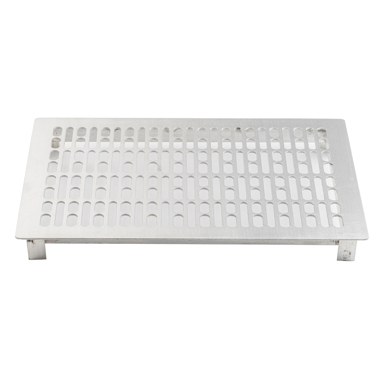 A rectangular stainless steel rack with evenly spaced oval and rectangular holes, elevated by four short legs at each corner. The brushed silver finish suggests it’s suitable as a cold food template, photographed against a plain white background.