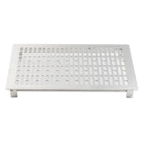 A rectangular stainless steel rack with evenly spaced oval and rectangular holes, elevated by four short legs at each corner. The brushed silver finish suggests it’s suitable as a cold food template, photographed against a plain white background.