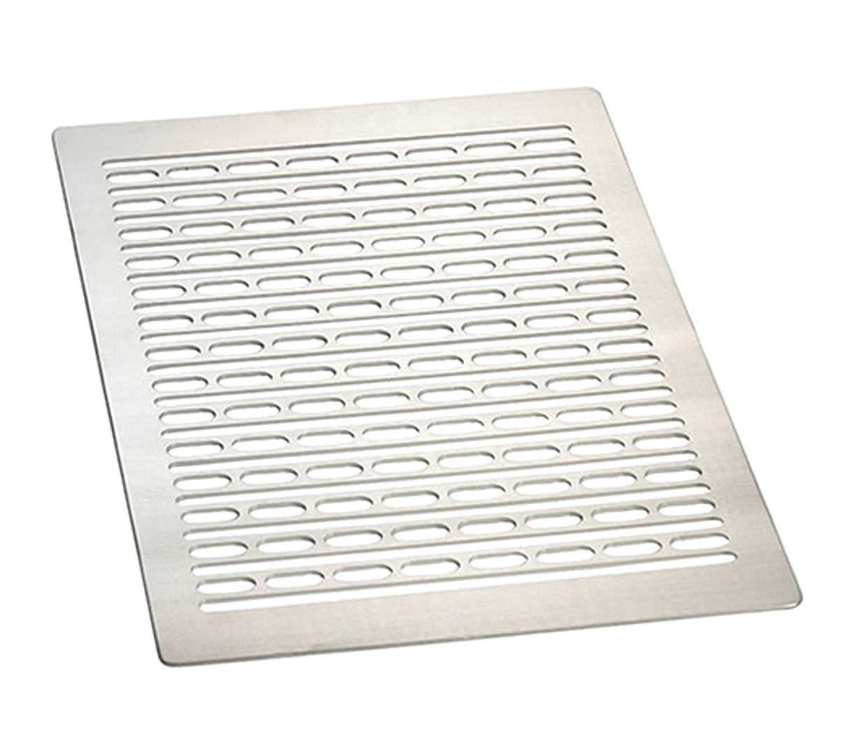 A rectangular stainless steel baking sheet with evenly spaced horizontal slotted holes, designed for even heat circulation and airflow while baking or roasting foods. NSF-7 certified, its smooth, polished surface ensures durability and safety.