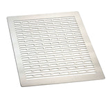 A rectangular stainless steel baking sheet with evenly spaced horizontal slotted holes, designed for even heat circulation and airflow while baking or roasting foods. NSF-7 certified, its smooth, polished surface ensures durability and safety.