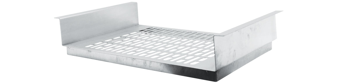 A rectangular stainless steel grilling basket with raised sides and a flat perforated base, featuring elongated slots for ventilation or drainage. Dishwasher safe, the clean, shiny basket is photographed against a plain white background.