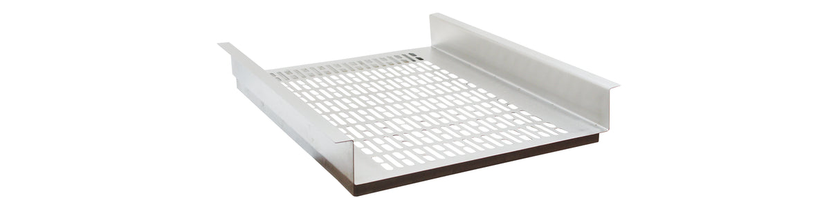 A stainless steel tray with a perforated, rectangular base featuring uniform slots. The sides are raised, forming a U-shape, and it boasts a clean silver finish. Dishwasher safe, this drop-in template is photographed against a white background.