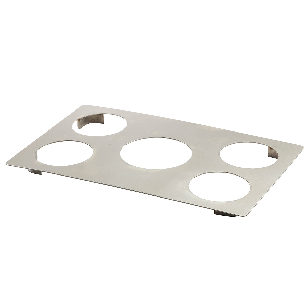 A rectangular, flat stainless steel tray with four evenly spaced circular cutouts and two small rectangular notches on opposite ends, resting on a white background. The metal surface is smooth, slightly reflective, and dishwasher safe.