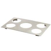 A rectangular, flat stainless steel tray with four evenly spaced circular cutouts and two small rectangular notches on opposite ends, resting on a white background. The metal surface is smooth, slightly reflective, and dishwasher safe.