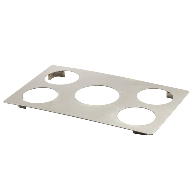 A rectangular, flat stainless steel tray with four evenly spaced circular cutouts and two small rectangular notches on opposite ends, resting on a white background. The metal surface is smooth, slightly reflective, and dishwasher safe.