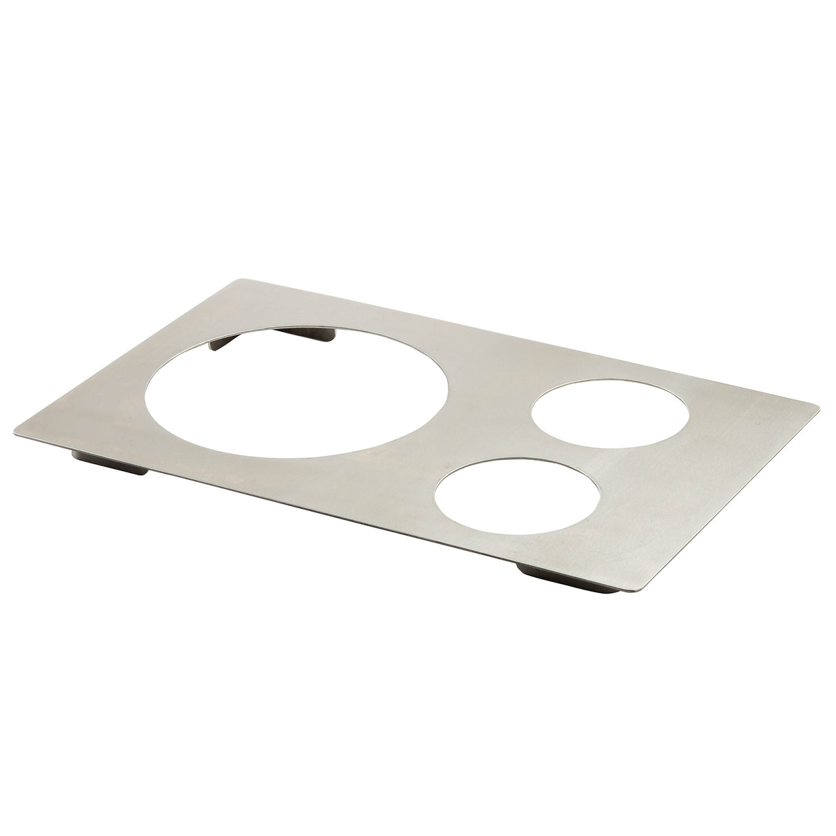A rectangular stainless steel plate with three circular cutouts of varying sizes. The flat Hot Food Template features slightly raised corners, is dishwasher safe, and is set against a white background, viewed from a slight angle.