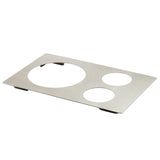 A rectangular stainless steel plate with three circular cutouts of varying sizes. The flat Hot Food Template features slightly raised corners, is dishwasher safe, and is set against a white background, viewed from a slight angle.