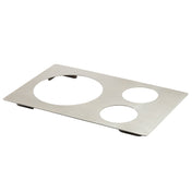 A rectangular stainless steel plate with three circular cutouts of varying sizes. The flat Hot Food Template features slightly raised corners, is dishwasher safe, and is set against a white background, viewed from a slight angle.