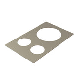 A rectangular, flat, gray Hot Food Template made of stainless steel with three circular holes of varying sizes arranged diagonally; the largest hole is in the upper right. Dishwasher safe, set against a plain white background.