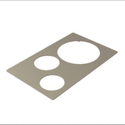 A flat, rectangular stainless steel plate with three circular cutouts of varying sizes. The Hot Food Template is positioned at an angle on a white background, appearing to float above the surface. Its smooth, matte finish is also dishwasher safe.