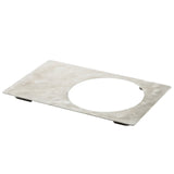 A rectangular, stainless steel plate with a swirling brushed texture, rounded corners, and a large circular cutout near one edge. This Hot Food Template rests on four small black feet, elevating it slightly off the surface.