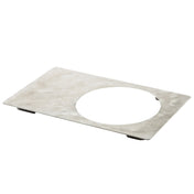A rectangular, stainless steel plate with a swirling brushed texture, rounded corners, and a large circular cutout near one edge. This Hot Food Template rests on four small black feet, elevating it slightly off the surface.