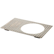 A rectangular stainless steel plate with a textured, dimpled surface and a large circular cutout in the center. Elevated at the corners with small black feet, this hot food template offers an industrial and utilitarian look. Dishwasher safe for easy cleanup.