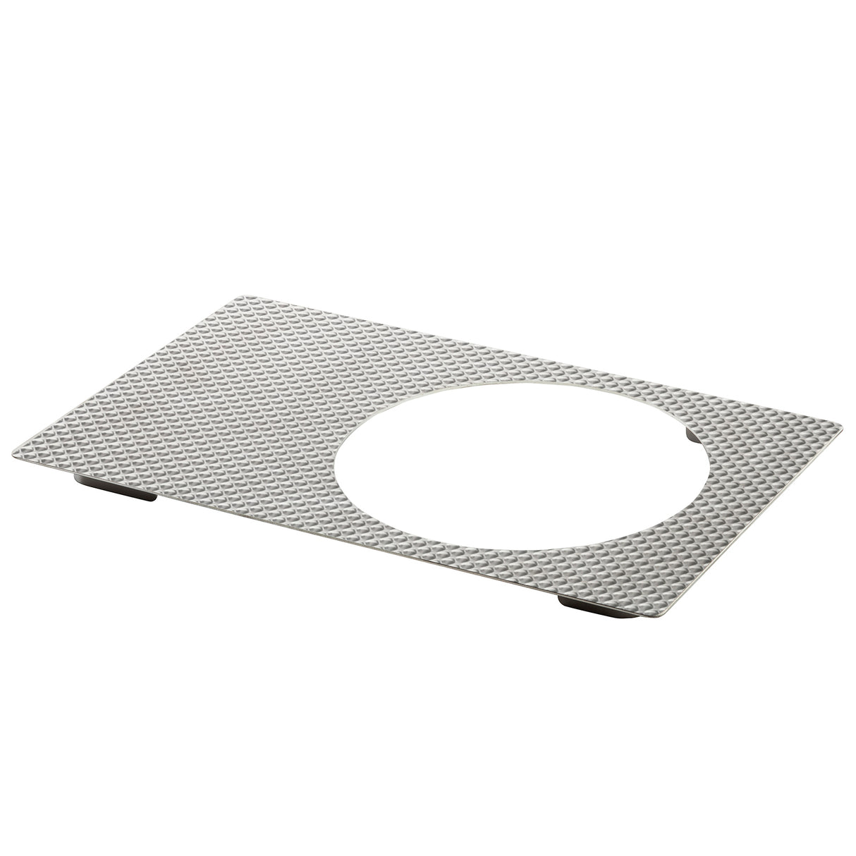 A rectangular, stainless steel textured metal sheet with a large circular cutout in the center. The Hot Food Template features a dimpled surface and slightly raised corners, viewed angled against a white background.