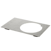 A rectangular, stainless steel textured metal sheet with a large circular cutout in the center. The Hot Food Template features a dimpled surface and slightly raised corners, viewed angled against a white background.
